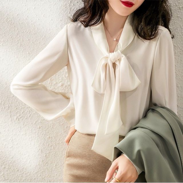 Inchioh-Long-Sleeve Tie-Neck Plain Blouse