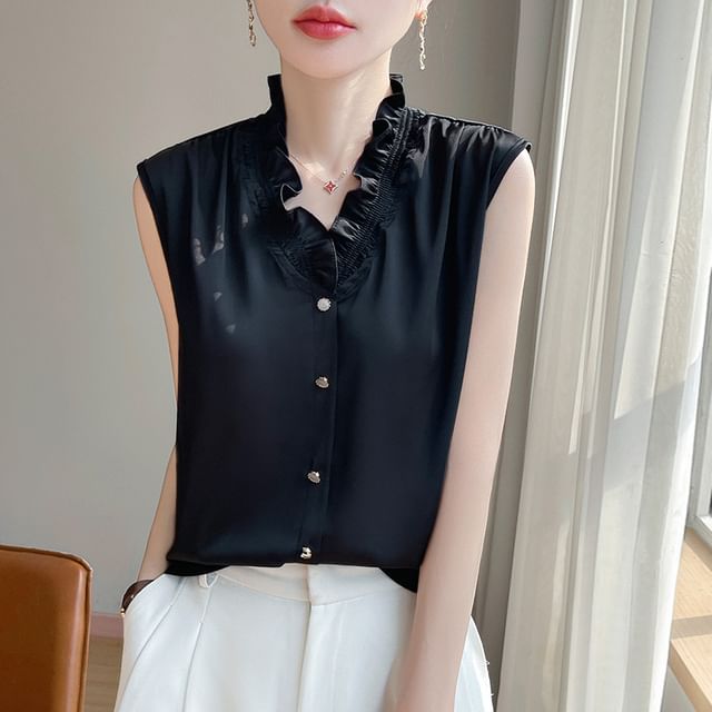 Weelop-Sleeveless V-Neck Ruffled Satin Button-Up Blouse