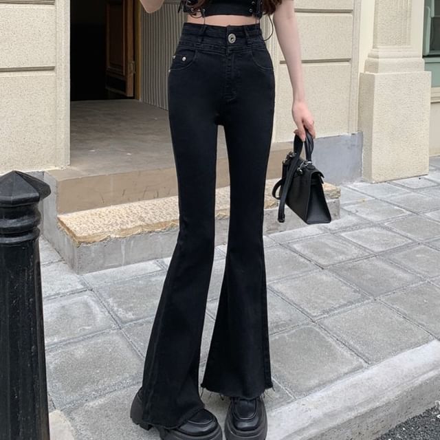 Trendycas-High Waist Washed Flared Jeans