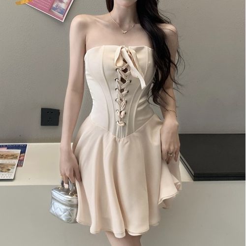 Plain Lace Up Mini A-Line Tube Corset Dress