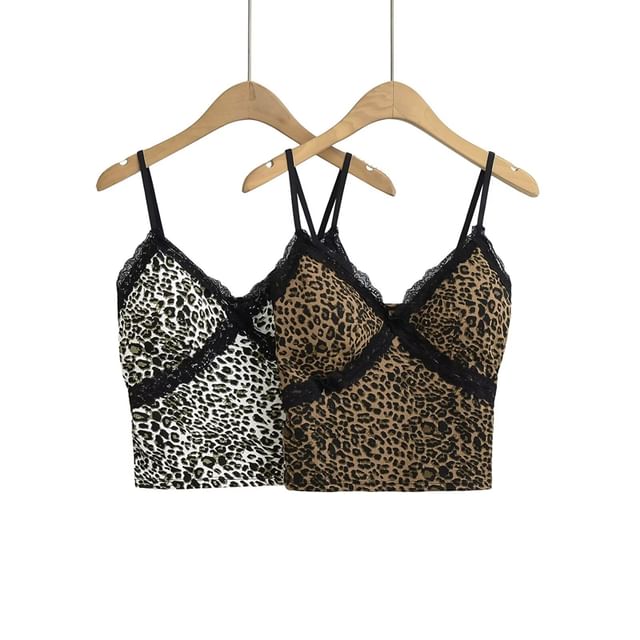 Ulark-V-Neck Leopard Print Lace Trim Crop Cami Top