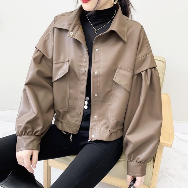 Sienne-Collared Faux Leather Plain Cropped Zip Jacket