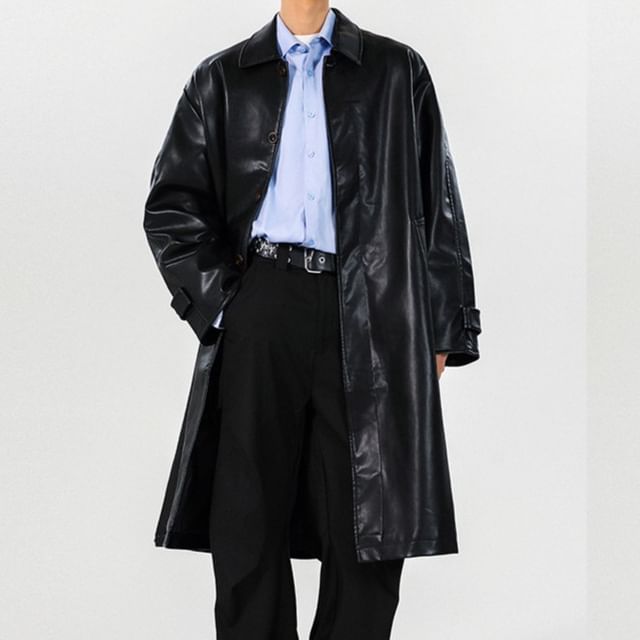 Omozando-Plain Midi Faux Leather Jacket