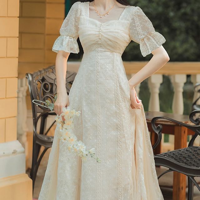 Puff-Sleeve Shirred Midi A-Line Lace Dress (Various Designs)