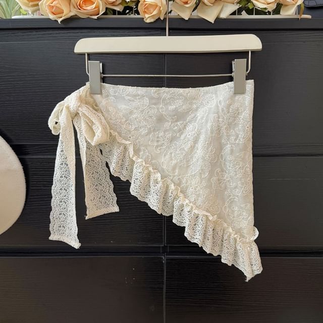 Lemongrass-Asymmetrical Lace-Trim Wrap Skirt