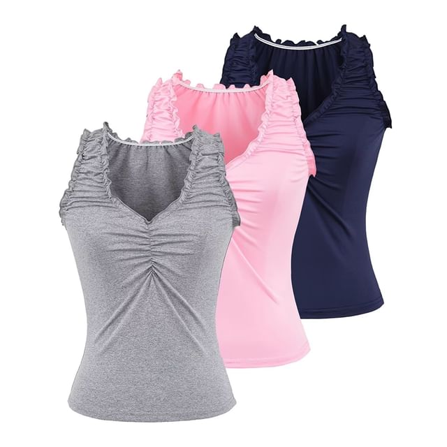 Ulark-Sleeveless V-Neck Plain Crop Top