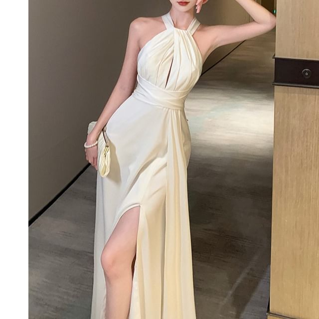 Fioridi-Halter Plain Side-Slit Maxi A-Line Dress