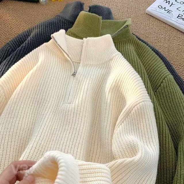 Real Boy-Mock Neck Ribbed Half-Zip Sweater