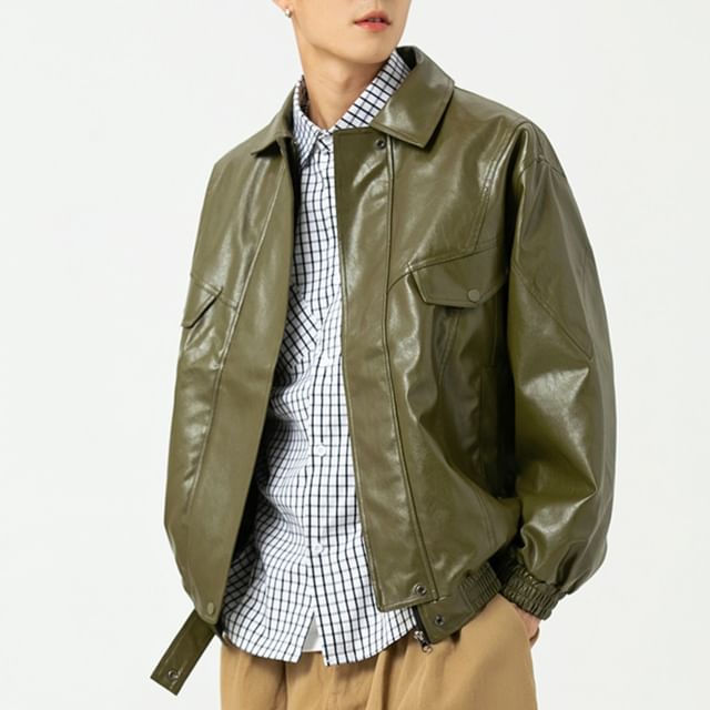 Chuoku-Collared Plain Faux Leather Zip Jacket