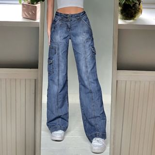 Honet - High-Waist Washed Cargo Wide-Leg Jeans | YesStyle