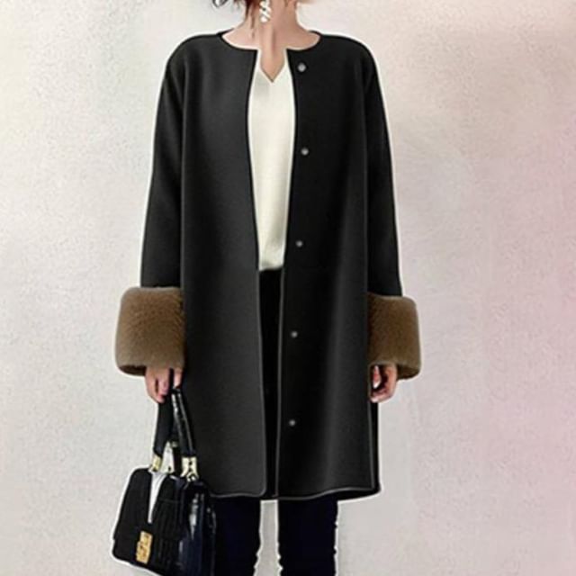 Supernova-Crew Neck Fluffy Panel Single Breasted Long Coat