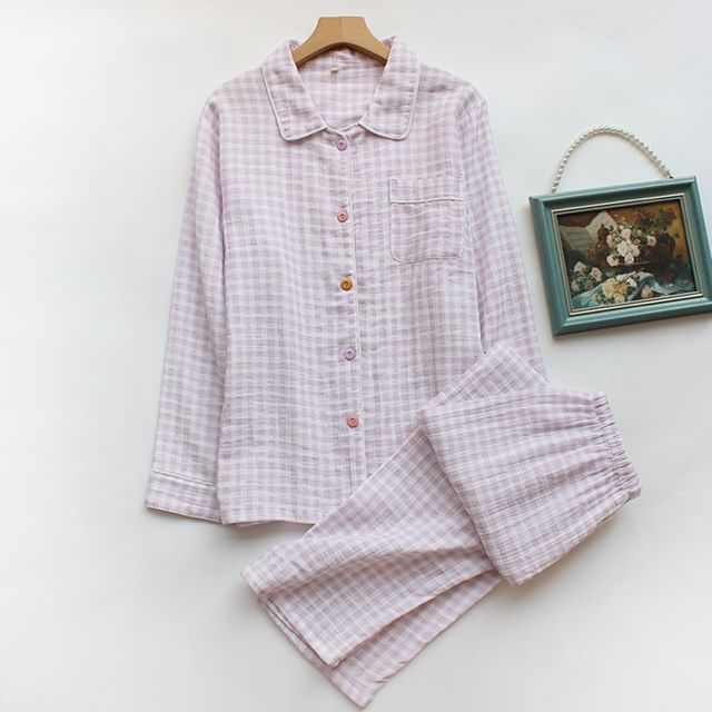 Dogini-Pajama Set Long-Sleeve Plaid Top Pants