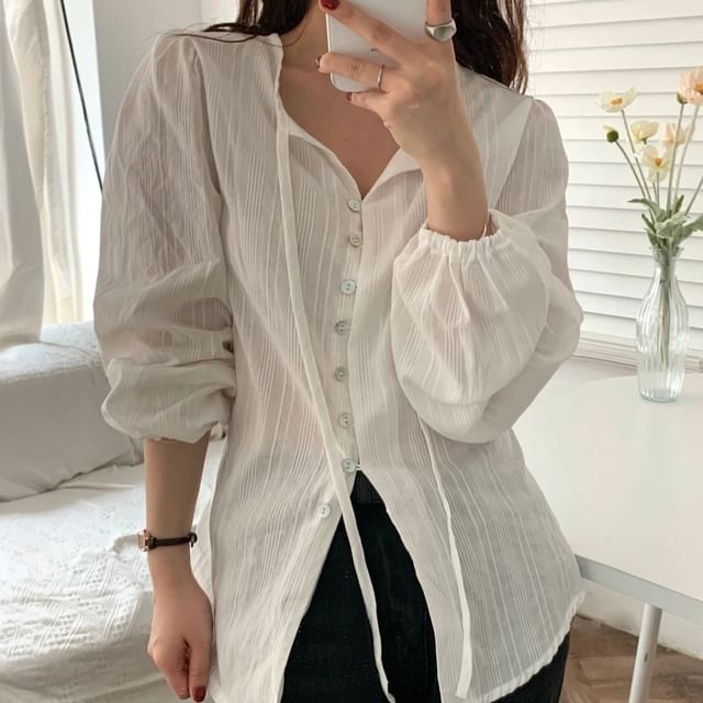 Janerium-Long-Sleeve V-Neck Plain Blouse