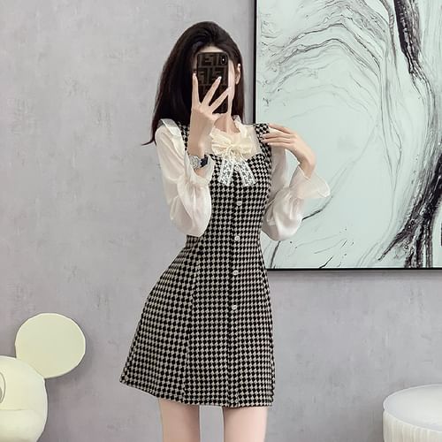 Tanzil - Puff-Sleeve Tie-Neck Lace Bow Houndstooth Panel Mini A-Line Dress