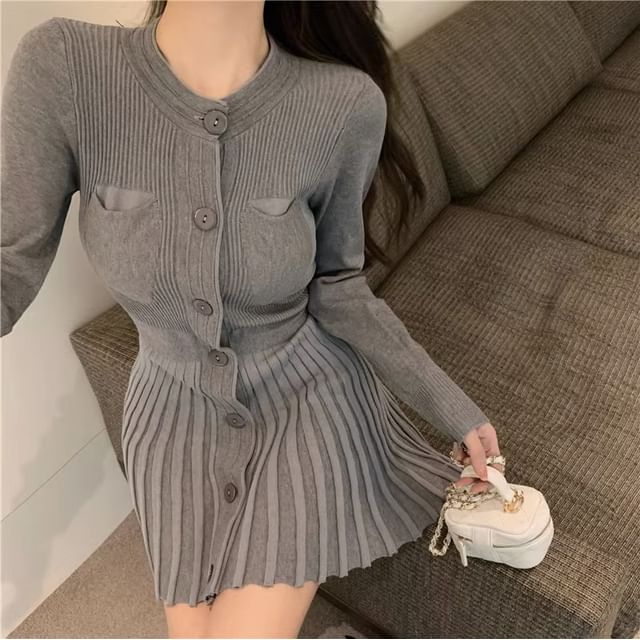 Odestra-Long-Sleeve Crew Neck Plain Pleated Button-Up Mini A-Line Knit Dress
