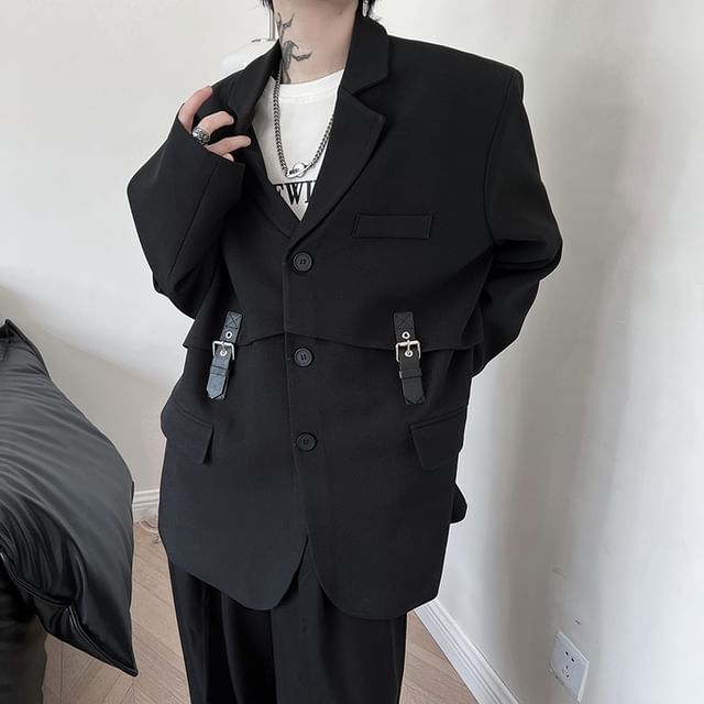 ravewider-Buckled Button-Up Plain Blazer