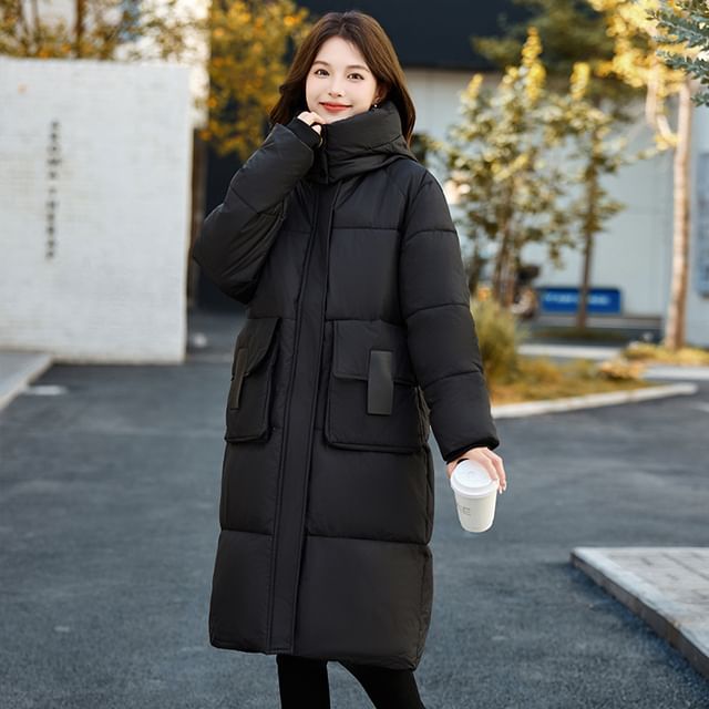 Sienne - Stand Collar Plain Hood Midi Zip Puffer Coat | YesStyle