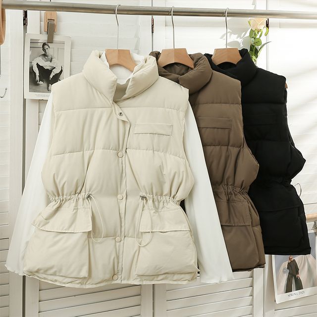 Lemongrass-Drawstring-Waist Stand-Collar Puffer Vest Jacket
