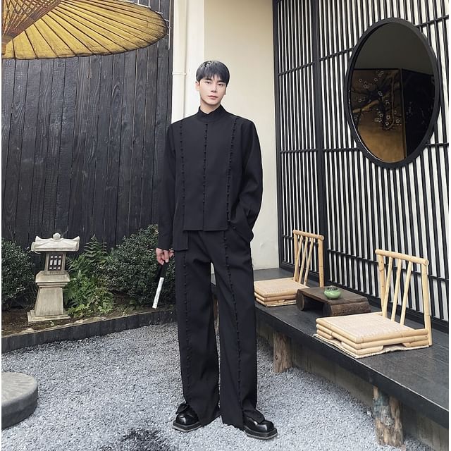 Patow-Set Long Sleeve Stand Collar Plain Panel Multi Button Shirt Mid Rise Slit Straight Leg Pants