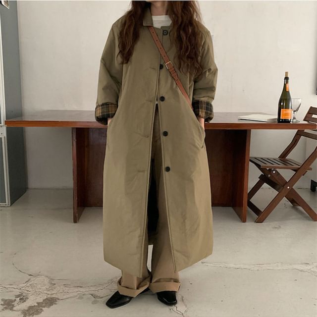 Jesong-Collared Plaid Panel Button-Up Long Coat