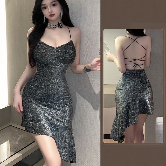 Candyiry-Spaghetti Strap Plain Glitter Asymmetrical Nightdress