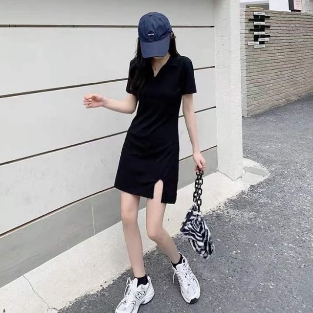 overall fitted dress Suvi V Neck Jersey Mini Dress Black main image 1
