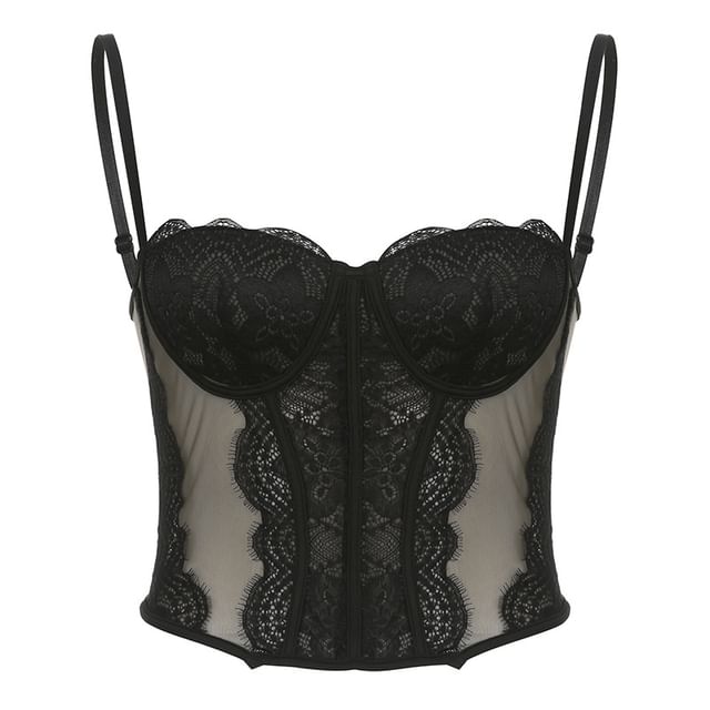 GALENTINES DAY DROP  small black lace corset top with mesh panels
