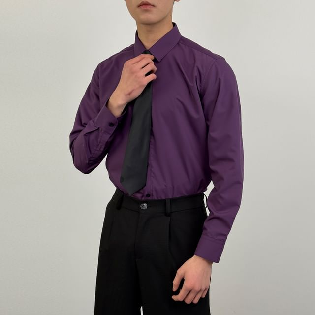DragonRoad-Long Sleeve Collared Plain Shirt