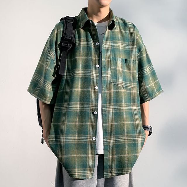 Wolfkane - Short Sleeve Lapel Plaid Loose Shirt | YesStyle