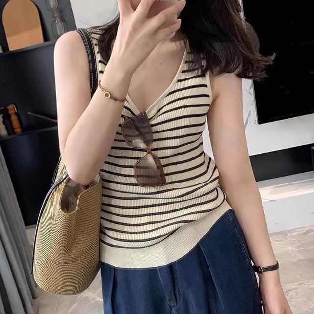 CRIBI-Striped Ribbed Knit Tank Top