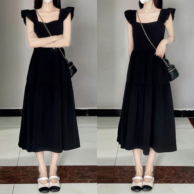 CRIBI-Cap-Sleeve Square Neck Plain Midi A-Line Dress