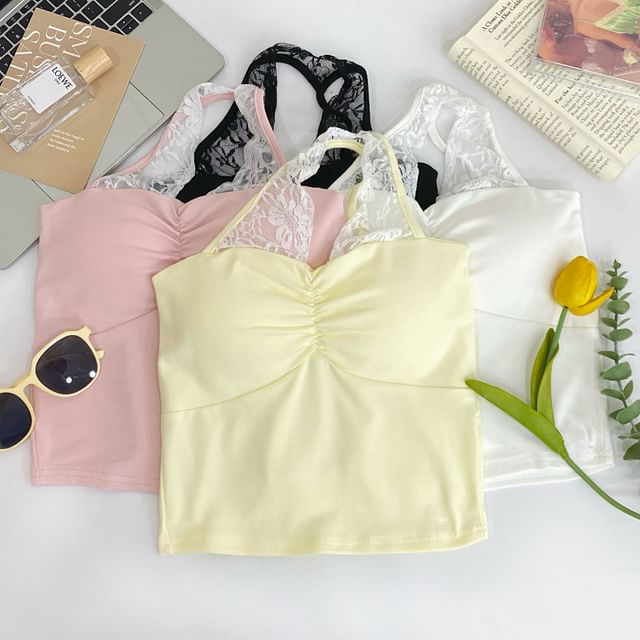 Iasia-Halter Ruched Panel Lace Top