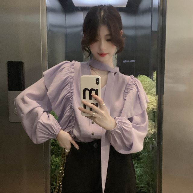 Sienne-V-Neck Plain Ruffle Blouse
