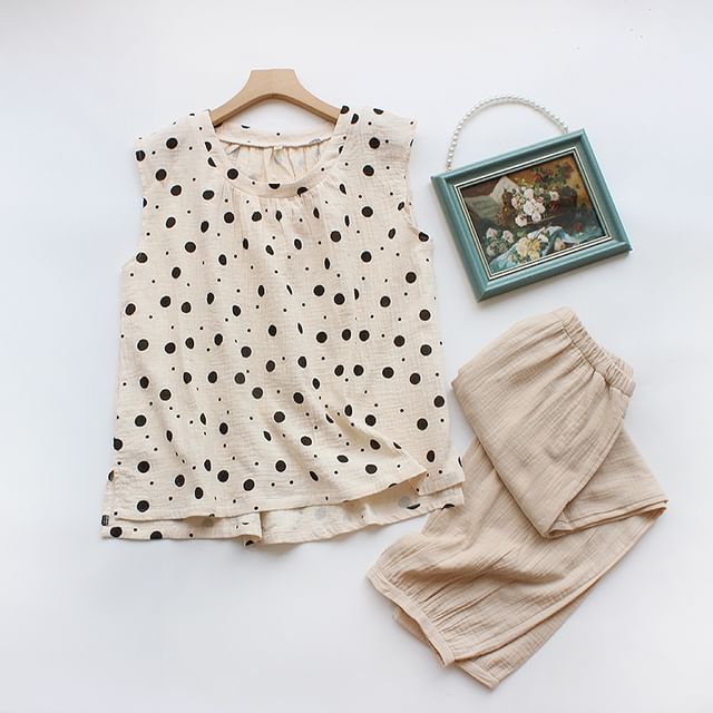 Dogini-Pajama Set Sleeveless Dotted Top Plain Pants
