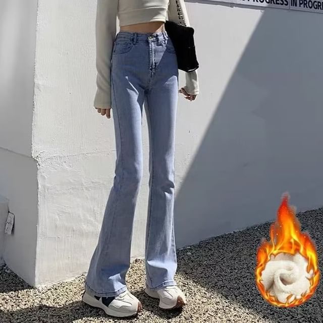 CosmoCorner High Waist Fleece-Lined Flared Jeans YesStyle