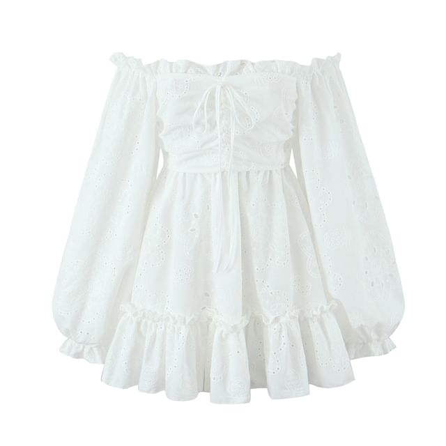 off shoulder ruffle trim trumpet sleeve dress Boho Off-shoulder Maxi Dress (off White) - Romantic Cottagecore Ruffle Gown With Lace Trim, Bell Sleeves, and Smocked Waist : Wedding Dress