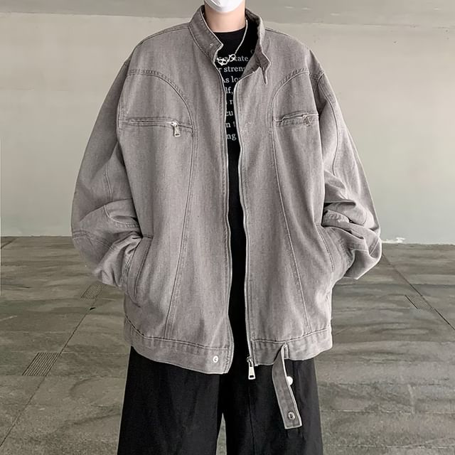 Ateso-Stand Collar Washed Denim Zip Jacket