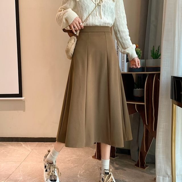 Leoom-High Rise Plain Midi A-Line Skirt