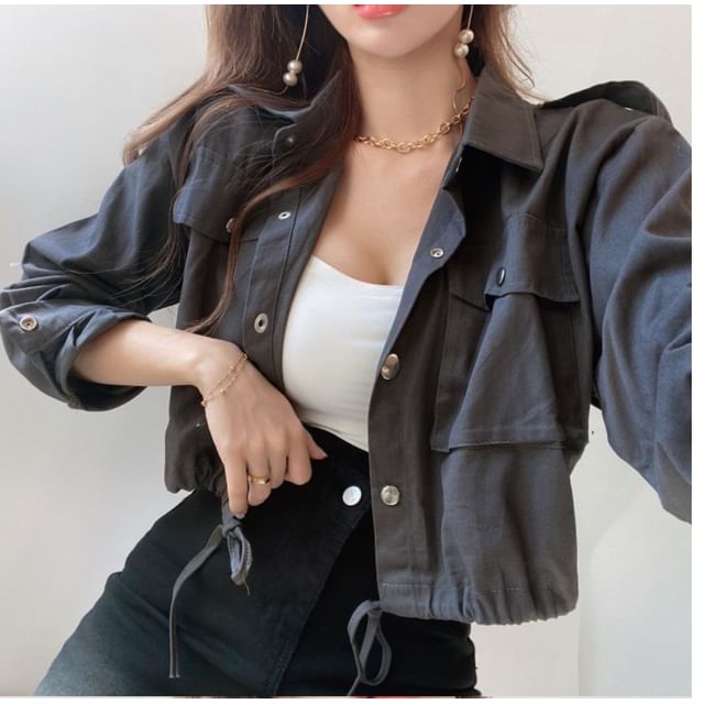 ISSOL-Plain Drawstring Button-Up Shirt Jacket