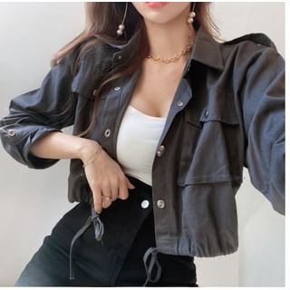 Hanji Plain Drawstring Button-Up Shirt Jacket Sale