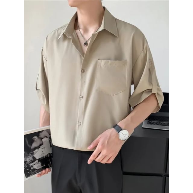 Lorencho-Tab-Sleeve Plain Loose Shirt