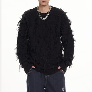 Hushgrain-Round Neck Plain Fluffy Oversized Sweater
