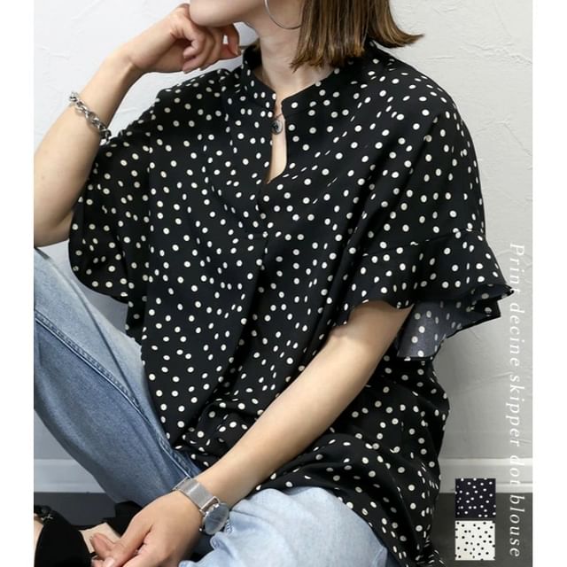 MIKIGA-Batwing-Sleeve Stand Collar Dotted Ruffle Trim Blouse