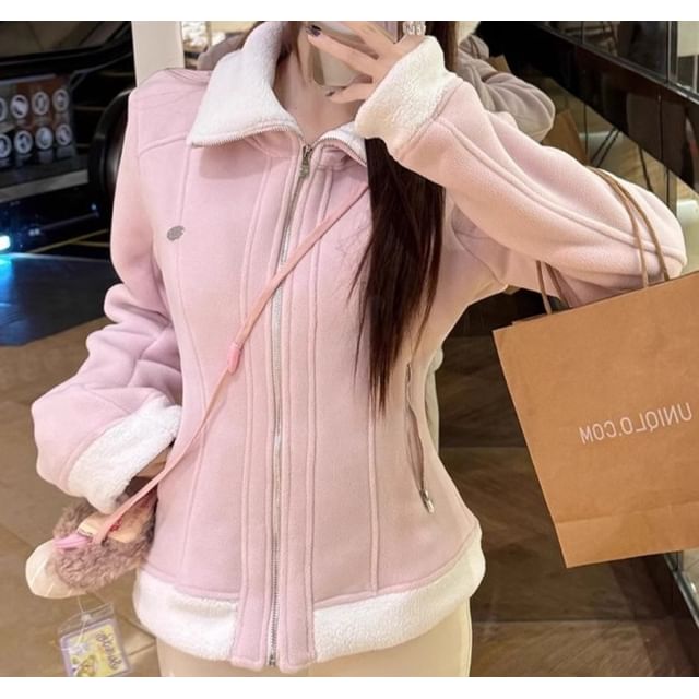 Trendycas-Stand Collar Fleece-Lined Zip Jacket