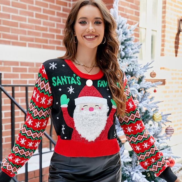 Fireok Round Neck Christmas Print Embroidered Crop Sweater