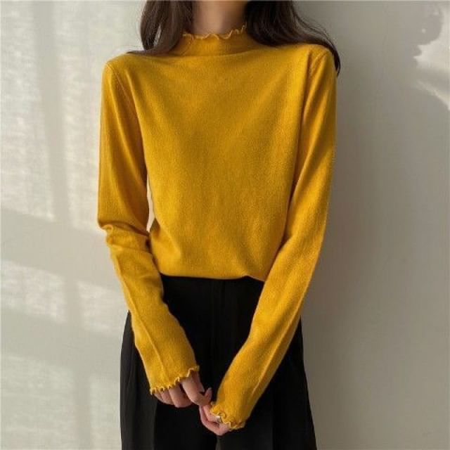 Sisyphi-Long Sleeve Turtleneck Plain Ruffle Hem Knit Top