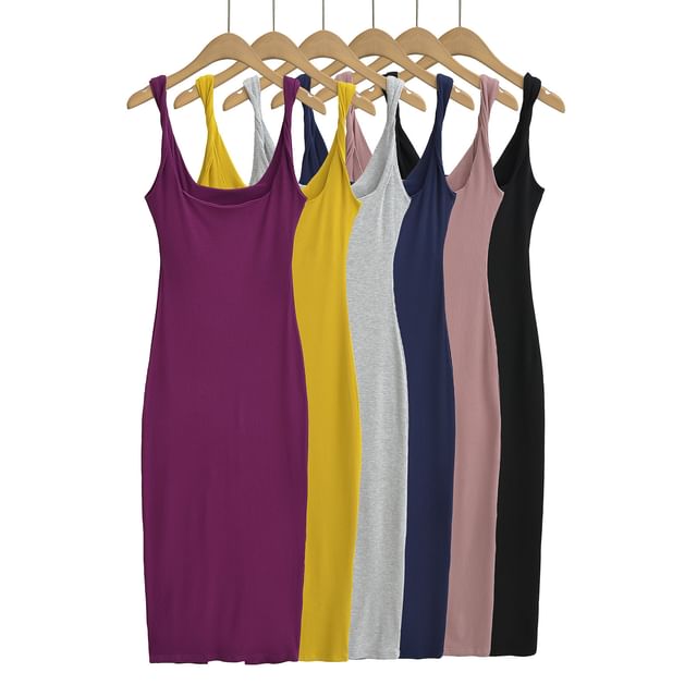 Asiris-Spaghetti Strap Scoop Neck Plain Midi Sheath Dress
