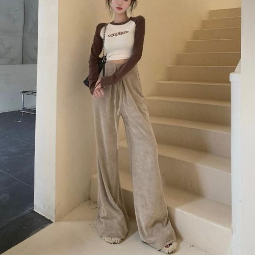 Windflower - Long-Sleeve Crew Neck Lettering Crop Tee / Drawstring Waist  Plain Wide Leg Pants