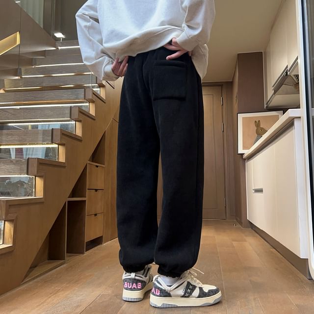 Priam-Drawstring Waist Plain Fleece-Lined Corduroy Harem Sweatpants