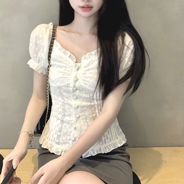 Gilmort-Short-Sleeve Dotted Lace Trim Blouse